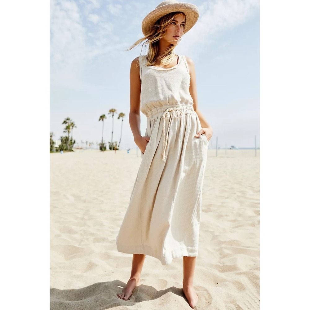 Free People Those Sunshine Feels Midi Dress Beachy Size Large Bohemian Minimal